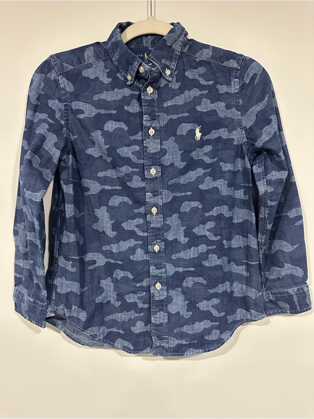 Polo Ralph Lauren Shirt Boys M (10-12) Blue Button Down Chambray Camo Pony